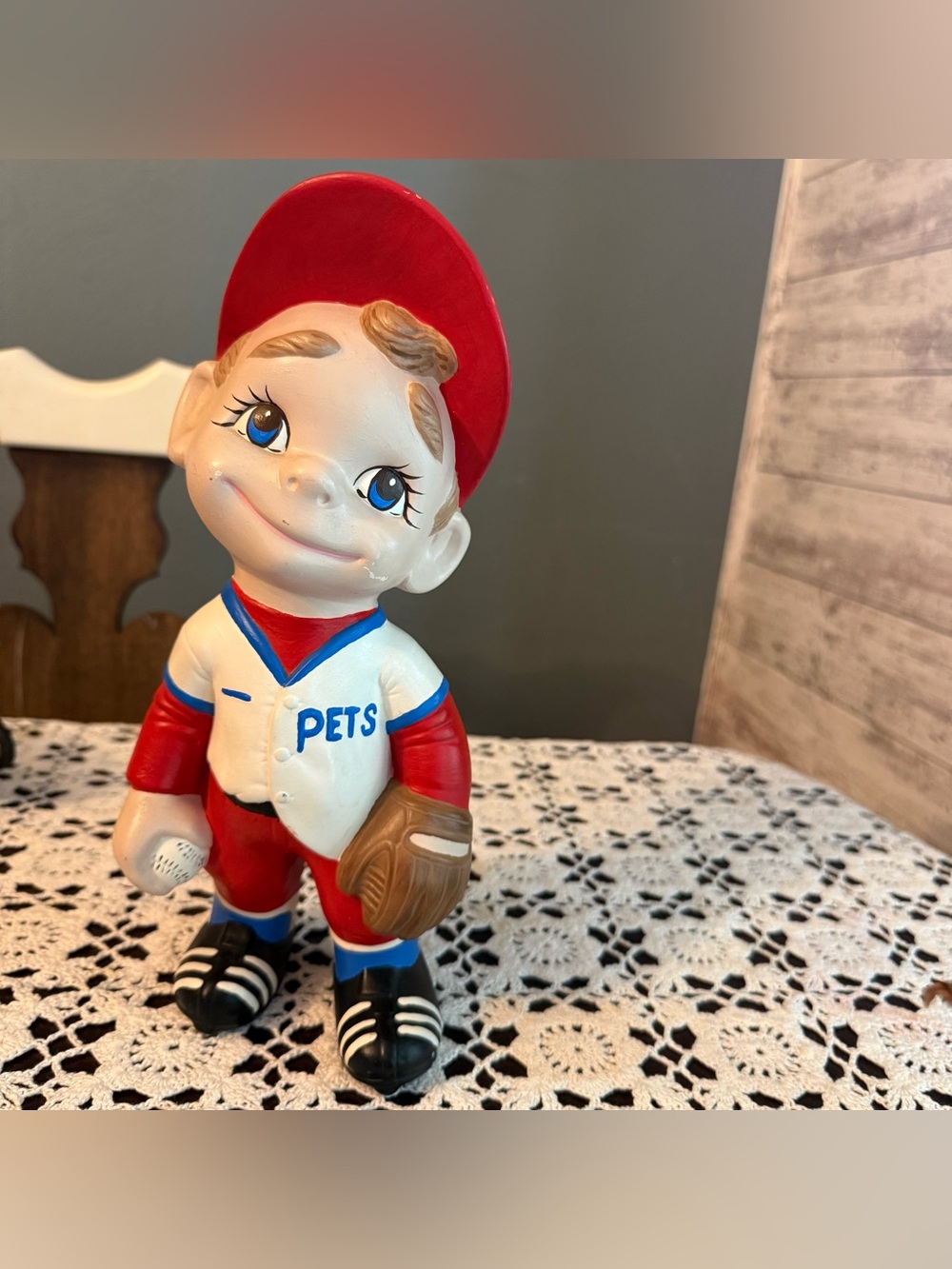 VINTAGE BISQUE CERAMIC SMILEY FIGURINE BOY BASEBALL PLAYER PETS 11 1/2 INCHES